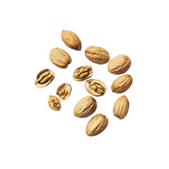 Obraz premium Scattered Walnuts Whole and Halved, Isolated on Black