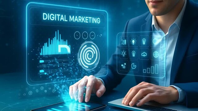 Businessman Working on Digital Marketing Analytics with Futuristic Interface and Data Visualization


