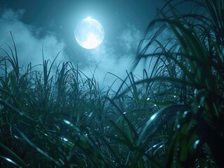 Lush grass field under a full moon at night