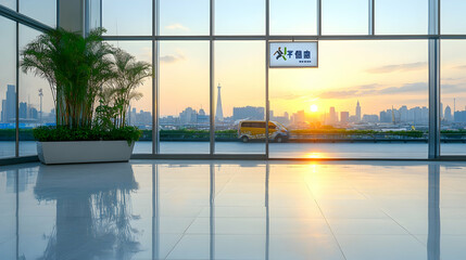 Fototapeta premium A panoramic view of a city skyline with a golden sunset through large windows in a modern building