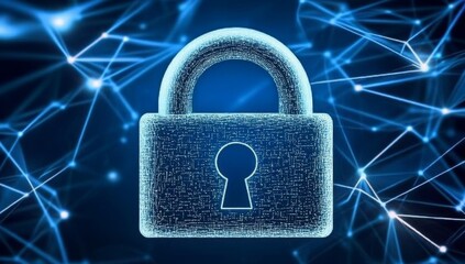 Digital Padlock with Glowing Data Streams on Blue Background