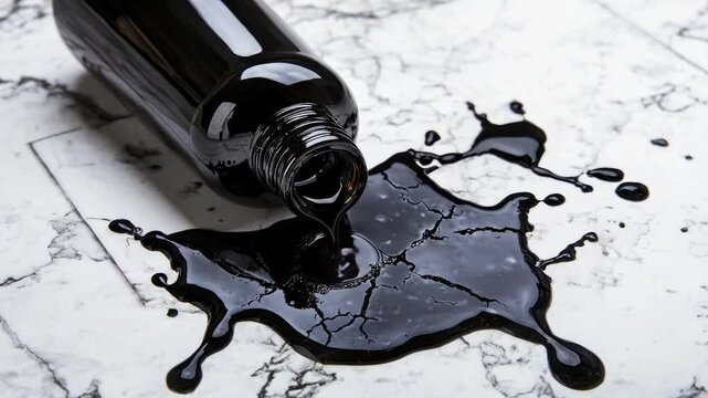 Spilled black liquid from overturned bottle on marble surface