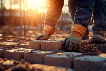 Construction Worker Laying Bricks at Sunrise in a Construction Site