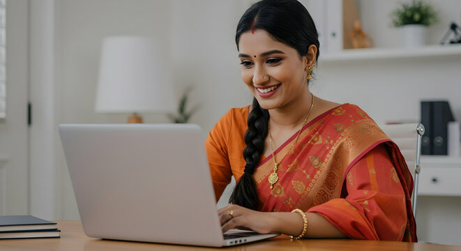 Smiling Indian Woman in Sari Working Remotely on Laptop at Home Office Efficiently Managing Tasks
