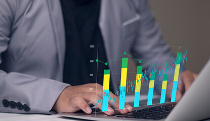 Business cost and quality analysis for performance optimization. businessman typing on keyboard with a digital overlay of graphs, showcasing trends, insights, and efficiency.