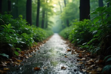 Fototapeta premium Wet forest path flanked by lush green foliage