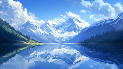 Naklejka premium A serene mountain lake surrounded by snow-capped peaks, reflection on the water (3)