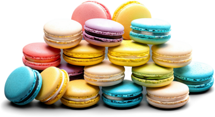 Stacked macarons form a colorful, delicious pyramid on a reflective surface, against black backdrop.