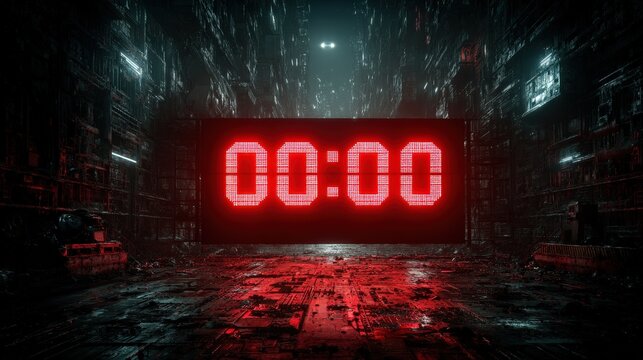 Red countdown clock illuminating dark cityscape at midnight displaying 0001 on its digital screen