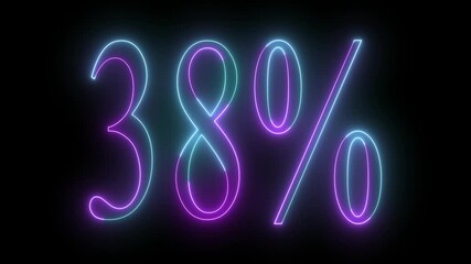 black background 38 percent neon glowing sign on loop animation green color icon Abstract 38% percent text neon animation