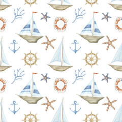 Seamless children's drawing with sailing ships and nautical elements. Watercolor illustration for fabric, textile, wrapping paper, packaging, cover.