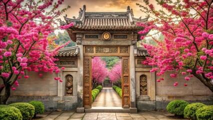 Fototapeta premium Ancient Chinese gate entrance surrounded by vibrant plum blossoms in full bloom, with intricate stone carvings and ornate details , plum blossoms, gate