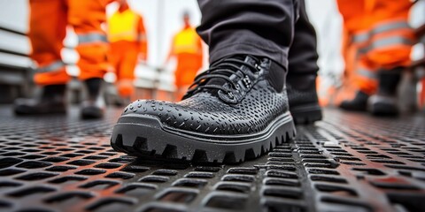 Close-Up of Black Textured Safety Boot on Metal Grate with Construction Workers in Reflective Orange Uniforms in Background