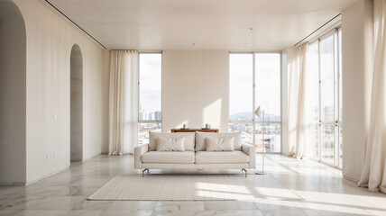 A spacious and modern empty living room with white