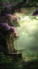 Obraz premium Enchanted forest scene with vibrant purple flowers and a serene bench under soft sunlight