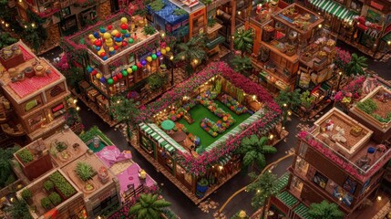 Fototapeta premium Aerial view of a vibrant market filled with colorful stalls, lush greenery, and festive decorations