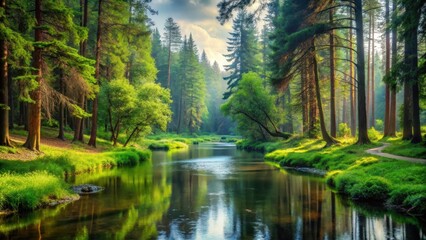 A serene forest with a winding river flowing through it, surrounded by tall trees and lush greenery , landscape, outdoors