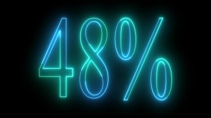 black background 48 percent neon glowing sign on loop animation green color icon Abstract 48% percent text neon animation