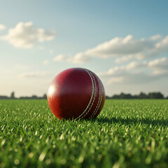 A close up of a red cricket ball sitting on a green grass field under a blue sky with white clouds
