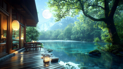 Fototapeta premium A wooden cabin with a deck overlooking a serene river under a full moon