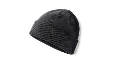 A classic black beanie hat is presented isolated against a clean white background