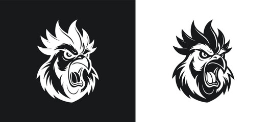 Furious roaring rooster head illustration depicting aggression and strength in black and white