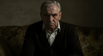 Fototapeta premium Portrait of a serious senior man sitting on a sofa looking directly at the camera with a thoughtful expression