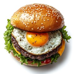 Gourmet Egg Burger: A mouthwatering, overhead shot of a gourmet burger, featuring a succulent patty, perfectly cooked egg, crisp lettuce, a slice of cheese, and a sesame seed bun.