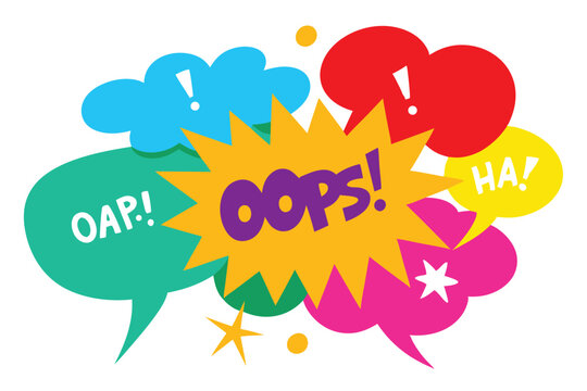 Fun colorful cartoon speech bubbles featuring playful interjections create a dynamic pop art with transparency