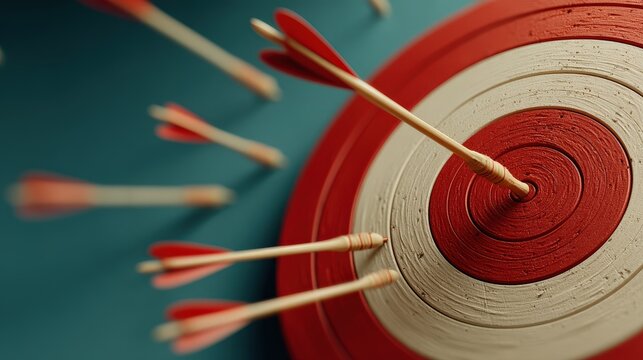 Vivid red and white archery surrounded by missed arrows showcasing the journey of learning and skill development