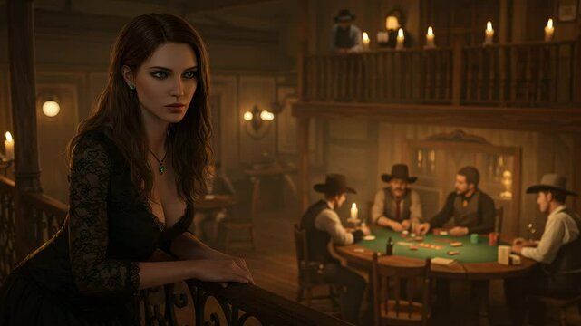 A woman in a black dress watches a tense poker game in a lively saloon