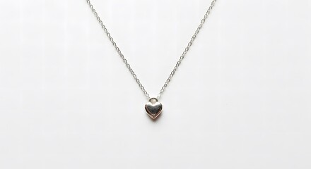 Fototapeta premium A delicate silver necklace featuring a small, simple heart pendant is displayed centrally against a clean white background. 