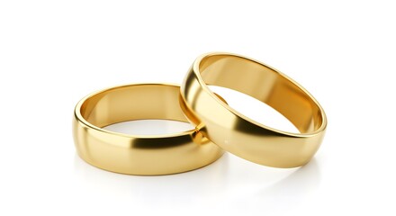 A classic pair of simple gold wedding rings is shown resting together against a clean, pure white background
