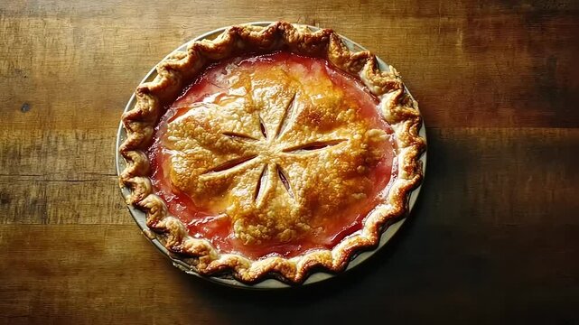 Golden Perfection: A Deliciously Homemade Fruit Pie on Rustic Wooden Surface