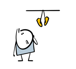 Confused child looks up. Vector illustration hooligans joked, threw shoes on the wires. A stickman thinks about how to remove sneakers from a tree branch.