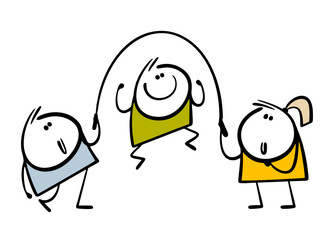 Cartoon group of children are playing on the playground. Vector illustration of a girl twirling a rope, a boy jumping high. A wonderful game for schoolchildren.