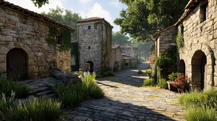 Naklejka premium Charming cobblestone village street with stone houses and lush greenery under bright sunlight