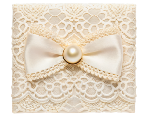 Ivory lace wedding invitation with silk ribbon and pearl on a transparent background