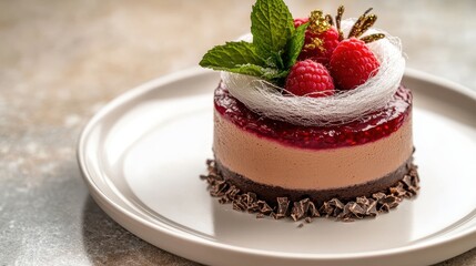 Chocolate mousse with raspberry coulis and spun sugar