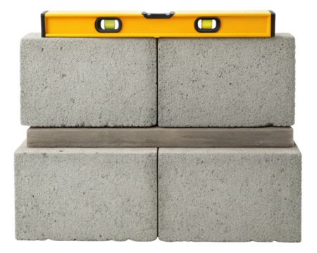 Yellow Spirit Level on Stacked Concrete Masonry Blocks on a transparent background