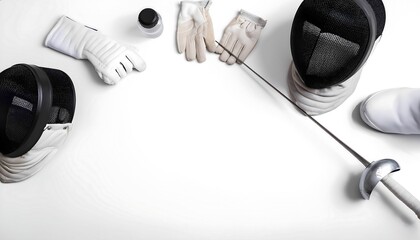 Flat lay of fencing equipment on white floor: mask, foil, gloves, shoes, and water bottle arranged neatly with empty space for text. Clean, modern, and mockup-ready.