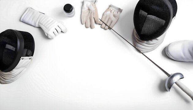 Flat lay of fencing equipment on white floor: mask, foil, gloves, shoes, and water bottle arranged neatly with empty space for text. Clean, modern, and mockup-ready.