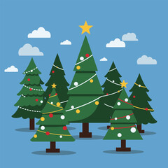 Christmas and New Year Magical green tree with so many holiday decorations isolated on white  background. Can be used easily for celebration cards or banner designs or for any other use.
