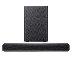 Black soundbar and subwoofer audio system on a transparent background