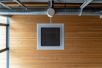 Square ceiling HVAC unit over light-colored wooden floor.  High-ceilinged industrial space