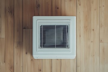 White ceiling-mounted air conditioner unit on light-brown wooden floor