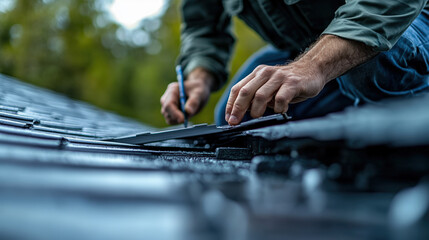 Close-up of a worker meticulously inspecting and possibly repairing a dark-grey roof, using a pen and a small device