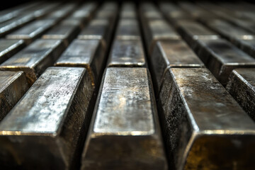 A pile of silver bars stacked on a polished wooden table.