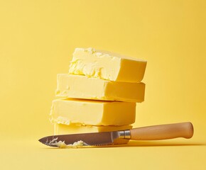Stacked butter cubes with a butter knife on a yellow background