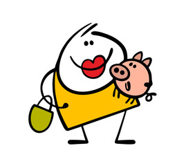 Celebrity, a star shows off his pet. Vector illustration of a female actress and a mini pig in her arms. A shopping trip with a bag and an animal.